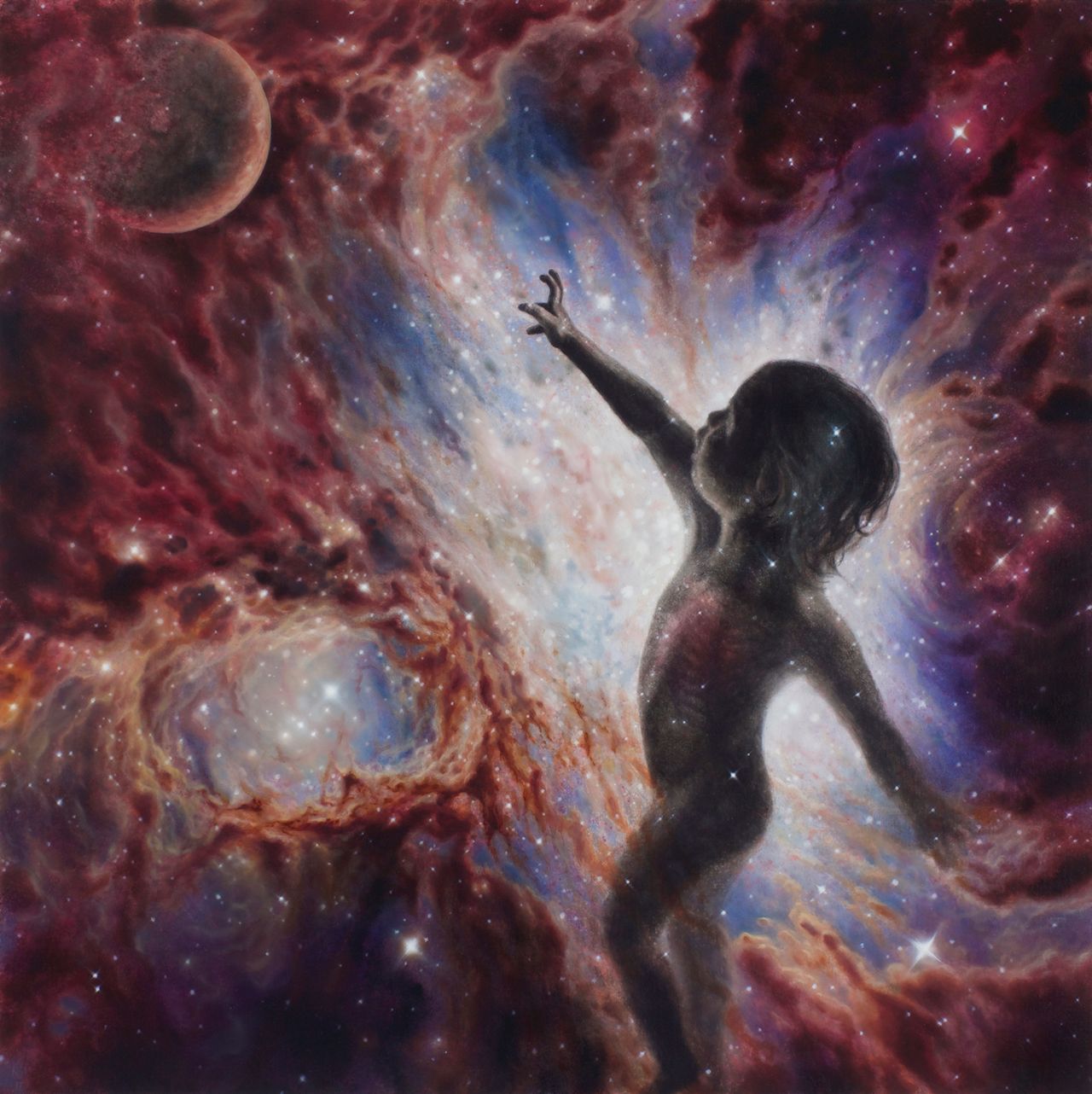 A dark human figure reaches upward amid swirling red, purple, blue, and white nebulae, stars, and a shadowed planet.