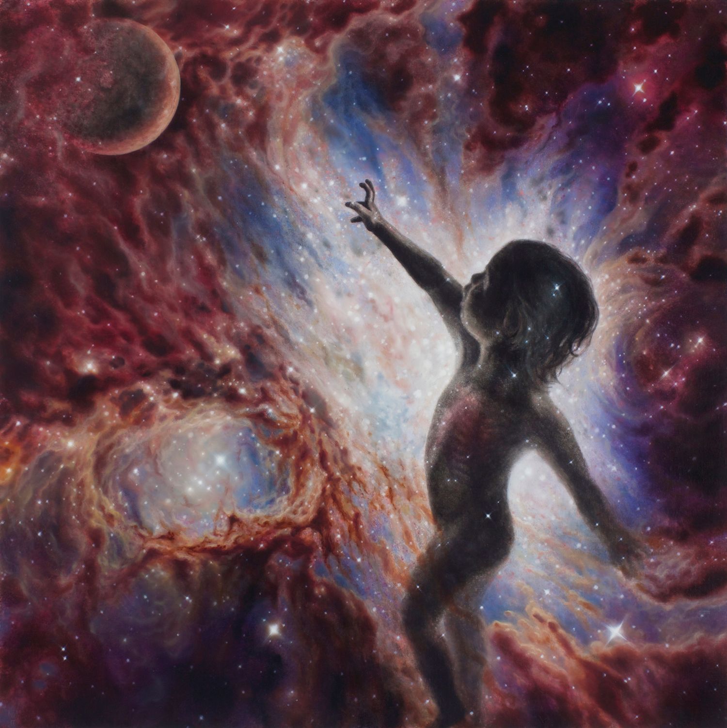 A dark human figure reaches upward amid swirling red, purple, blue, and white nebulae, stars, and a shadowed planet.
