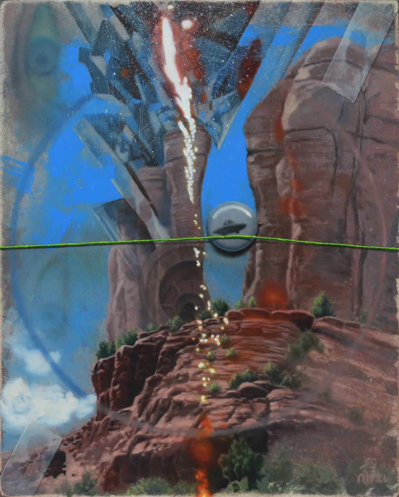 Red rock cliffs beneath a vivid blue sky are overlaid with fractured shapes, a glowing vertical trail, and a thin green line.