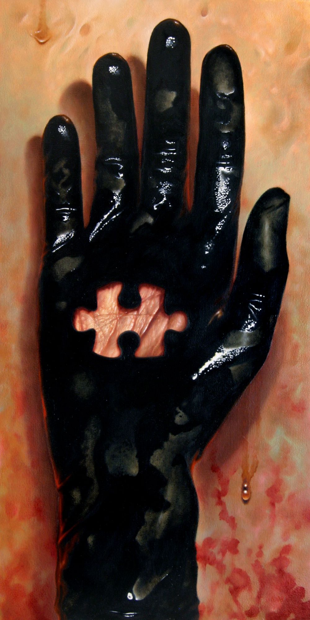 Close-up painting of an upraised hand wearing glossy black latex glove, with a puzzle-piece-shaped opening revealing skin against a mottled peach background.