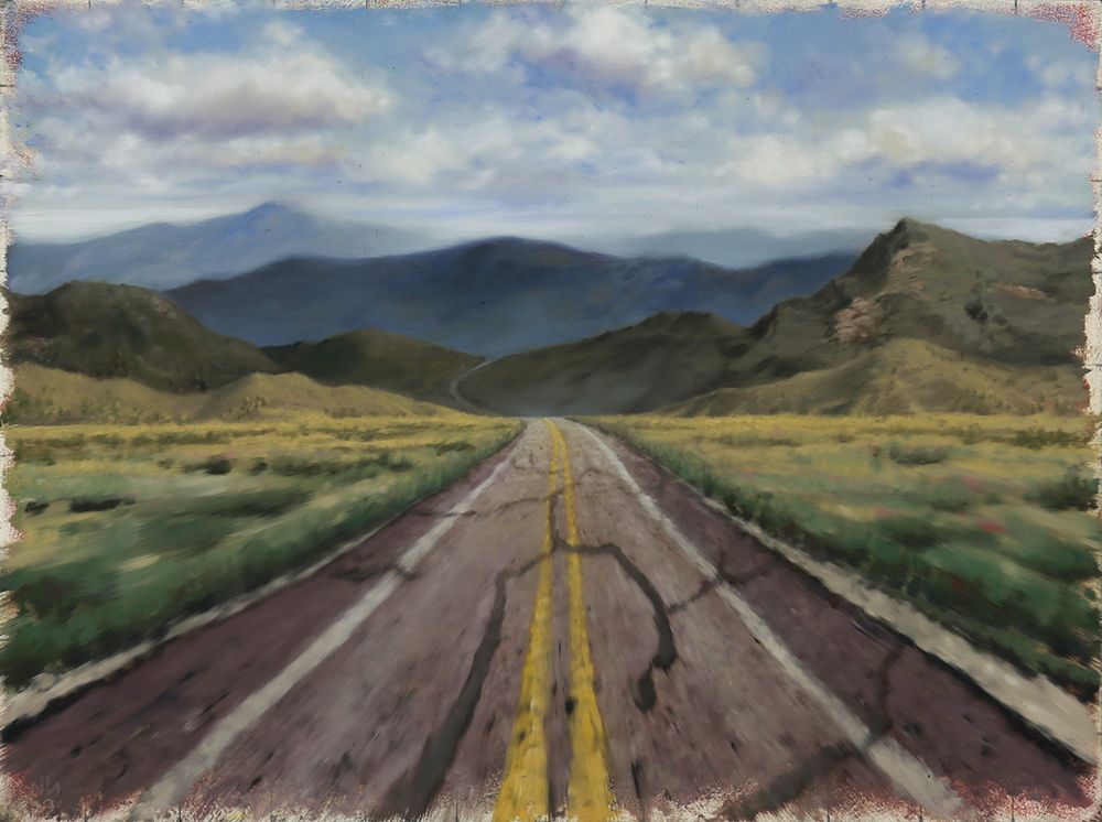 landscape oil painting of west texas mountains and prairie desert land with open road and motion effect by nick baxter in austin texas