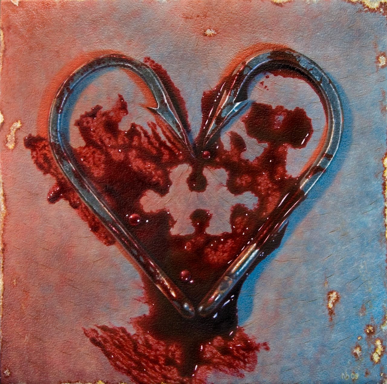 A glossy, dark-outlined heart made of 2 opposing fish hooks filled with mottled crimson blood sits against a textured pink-and-blue skin background with the shape of a puzzle piece removed from the blood pool.