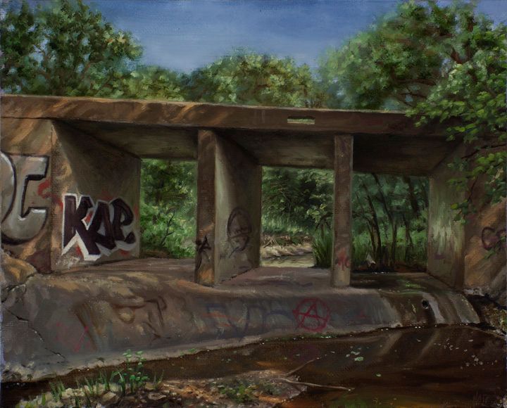 Oil painting of a graffiti-covered concrete underpass surrounded by dense green trees beneath a blue sky.