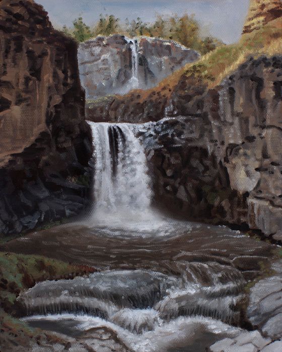 Oil painting of tiered white waterfalls cascading through dark rocky cliffs beneath a pale blue sky and distant trees.