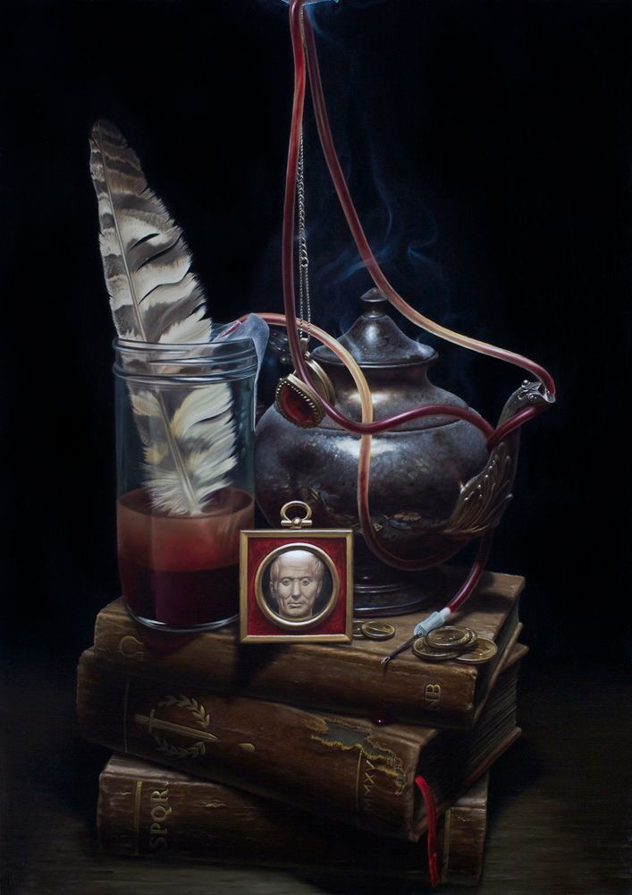A dark oil still life of a feather in a blood filled jar, metal vessel, red medical tubing, portrait medallion, coins, and stacked antique books.