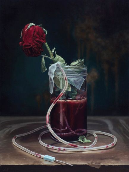 A dark still-life painting shows a wilted red rose in a glass jar of crimson liquid, draped gauze, and clear tubing coiled across a tabletop.