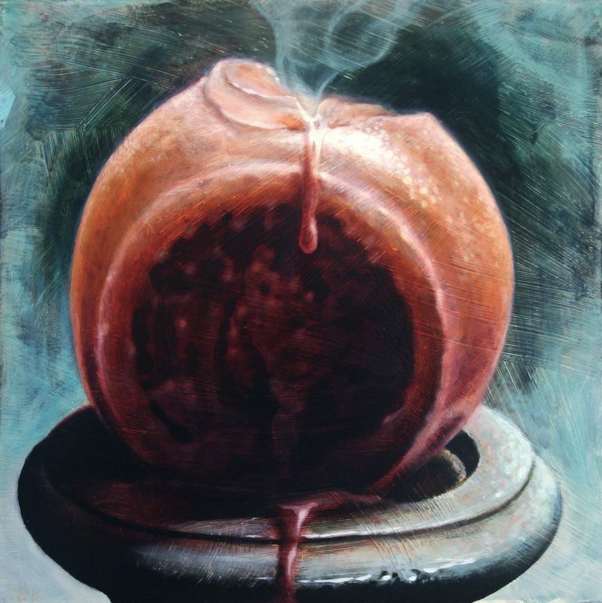 "Extinguished 2" Oil on Panel, 12 x 12 in, 2011. These candles are a metaphor for the passing of time and worldly things, the aging of mind and body. The still-smoking wick represents the fundamental stillness of mind, accessible through meditation, which becomes clear once all thoughts, concepts and constructs have been extinguished. The half-melted candle represents the slow aging and decay of the body, our physical vessel.