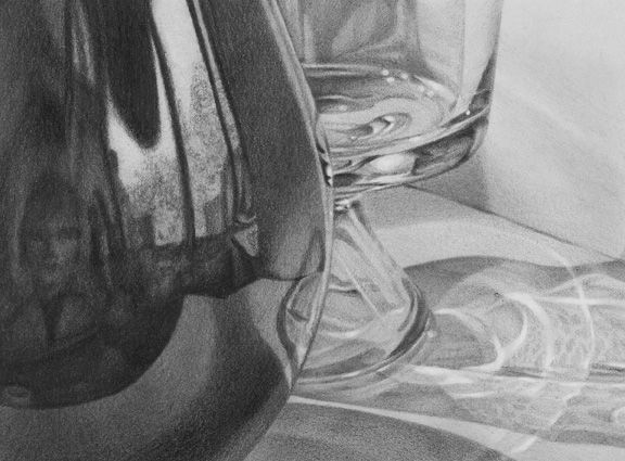 Form & Emptiness (detail). The title of this piece is a reference to the Buddhist teachings on the nature of reality, as represented by the dominating dark form in the center of the composition bearing my reflection, and of course by the empty glass and mug. This title is also a reference to the similarities between the clear seeing techniques used for drawing, and the awareness cultivated in meditation practice.