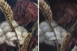 “Dying In America” (detail). Before and after the final shadow glazes. Note the subtle loss of detail/information in the rose petals.