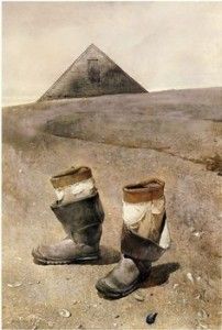 Andrew Wyeth. “Sea Boots,” 1976, tempera. Details in the boots and foreground tempered with the geometric simplicity of everything in the top half of the composition.