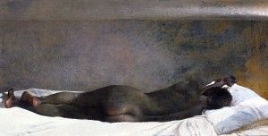 Andrew Wyeth. “Barracoon,” 1976, tempera. Just enough accurate rendering in the figure and folds in the fabric, juxtaposed with large open fields of color and diffused texture.