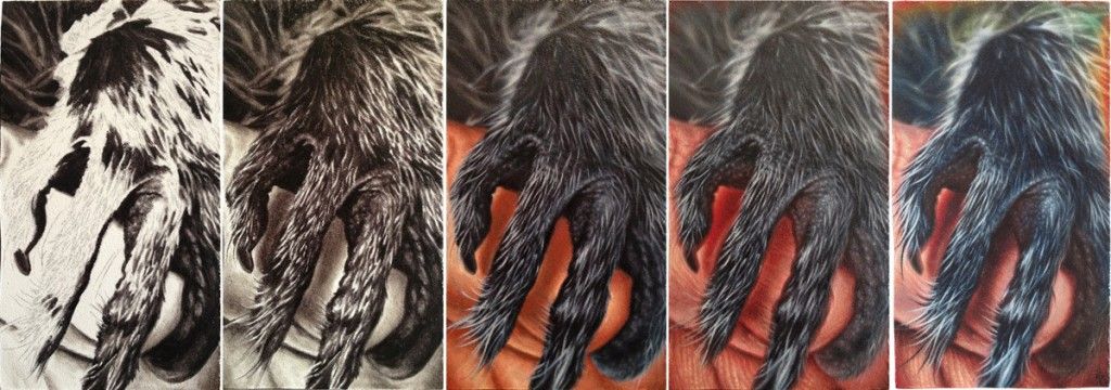 Pencil transfer drawing and Grisaille, followed by color block-in and 2-3 layers of color adjustment and glazing.