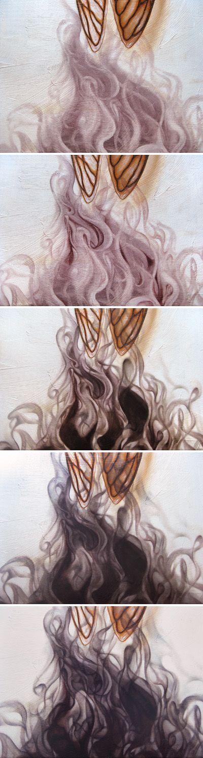 The smoke was completed in 5 stages, each a transparent glaze layer, consisting of a high alkyd-to-pigment ratio, applied over paint that had been allowed to dry completely.