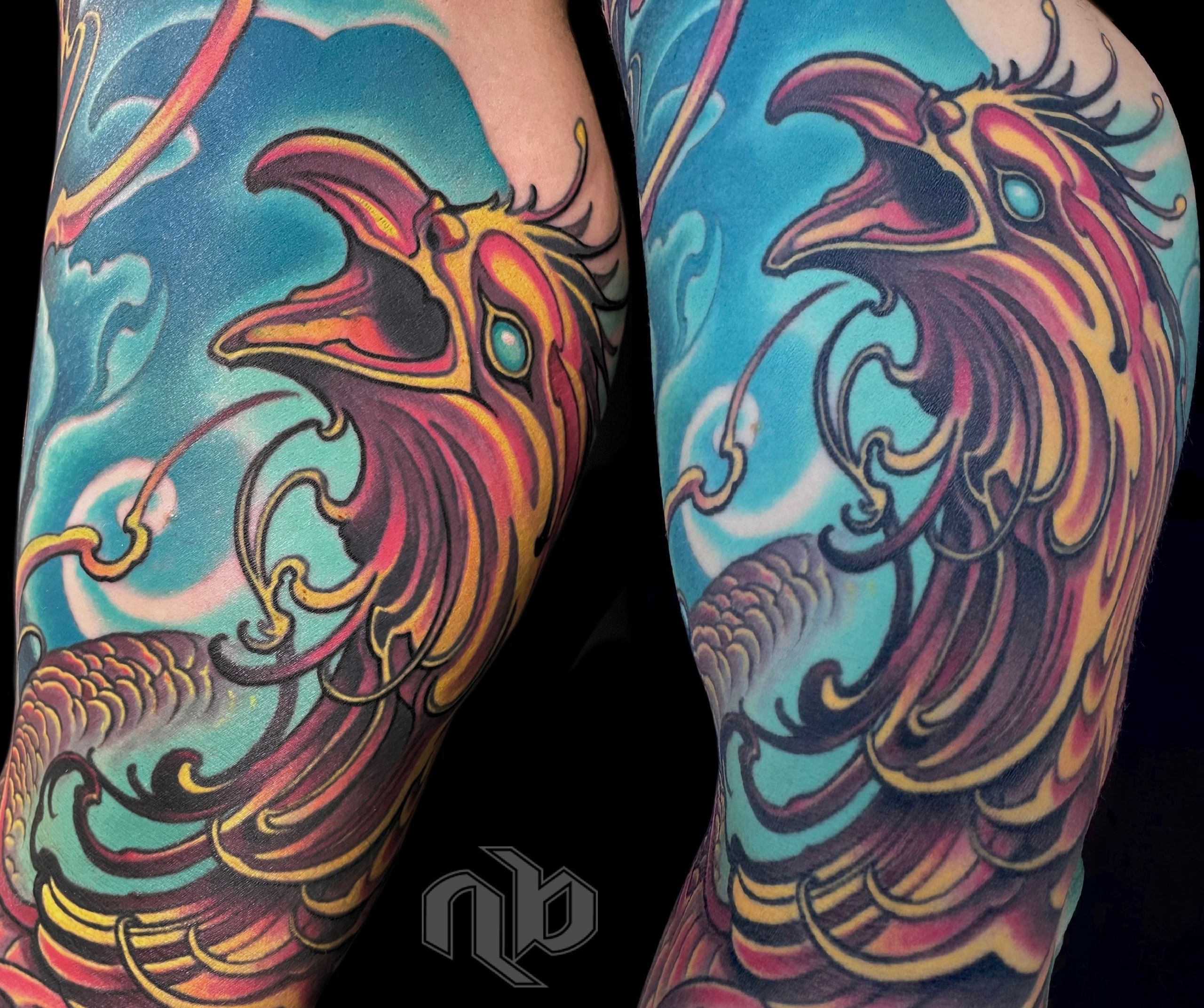 colorful phoenix bird tattoo by nick baxter in austin texas showing before and after results of freshly completed and aged 3 years