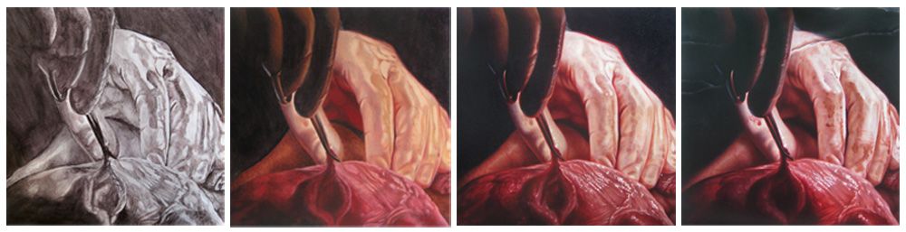 Value study, block-in, development of detail and form, final adjustments and refinement.