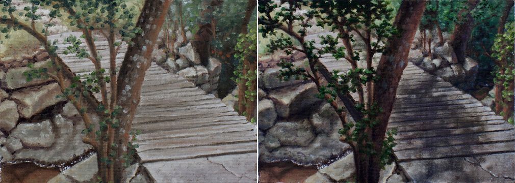 A little 4 x 6 inch study of my former backyard bridge, given a more dramatic late afternoon shadow treatment.