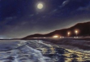 Miraflores Beach at Night, oil on linen panel, 4 x 6 inches, 2015