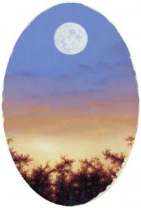 Full Moon Sunset Over East Austin, oil on linen panel, 4 x 6 inches (oval), 2015