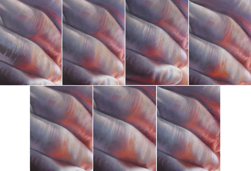 Look at the purple shadow area first, then the off-white knuckle wrinkles, then the orange and deep red under-lighted areas.