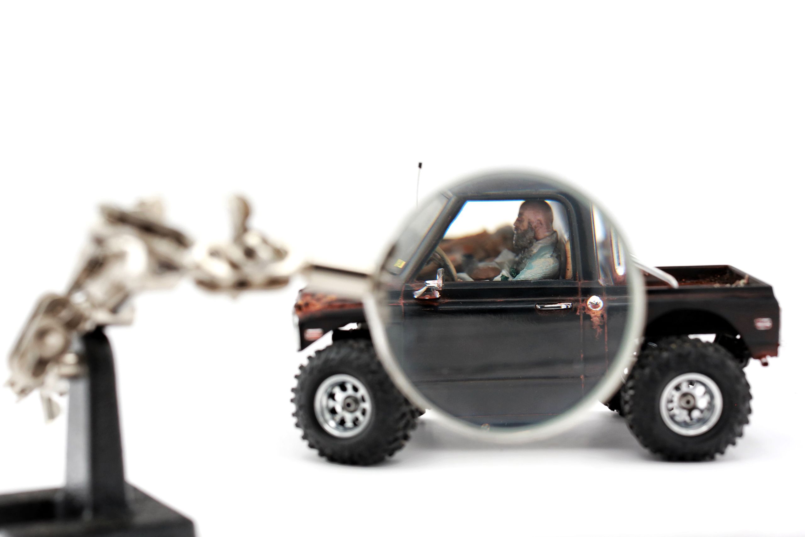 1/30 scale1/30 scale Chevy C10 beater RC truck with custom DIY rear leaf spring suspension system.