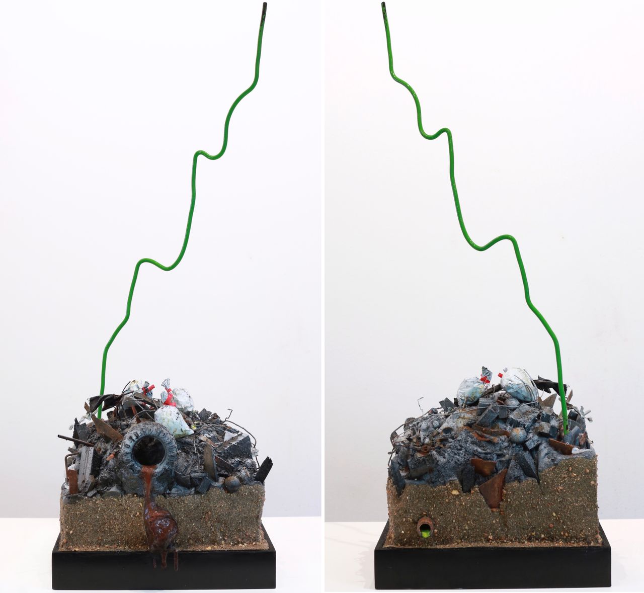 Sculpture made from Plastic, wood, foam, metal, wire, fabric, paint, paper, rubber, cardboard, CA glue, dirt, found objects with commentary on unsustainable economic, urban, and population growth on a finite planet, with a green stock market ticker rising above the wasteland symbolizing the piece's title, a popular stock market and cryptocurrency slogan