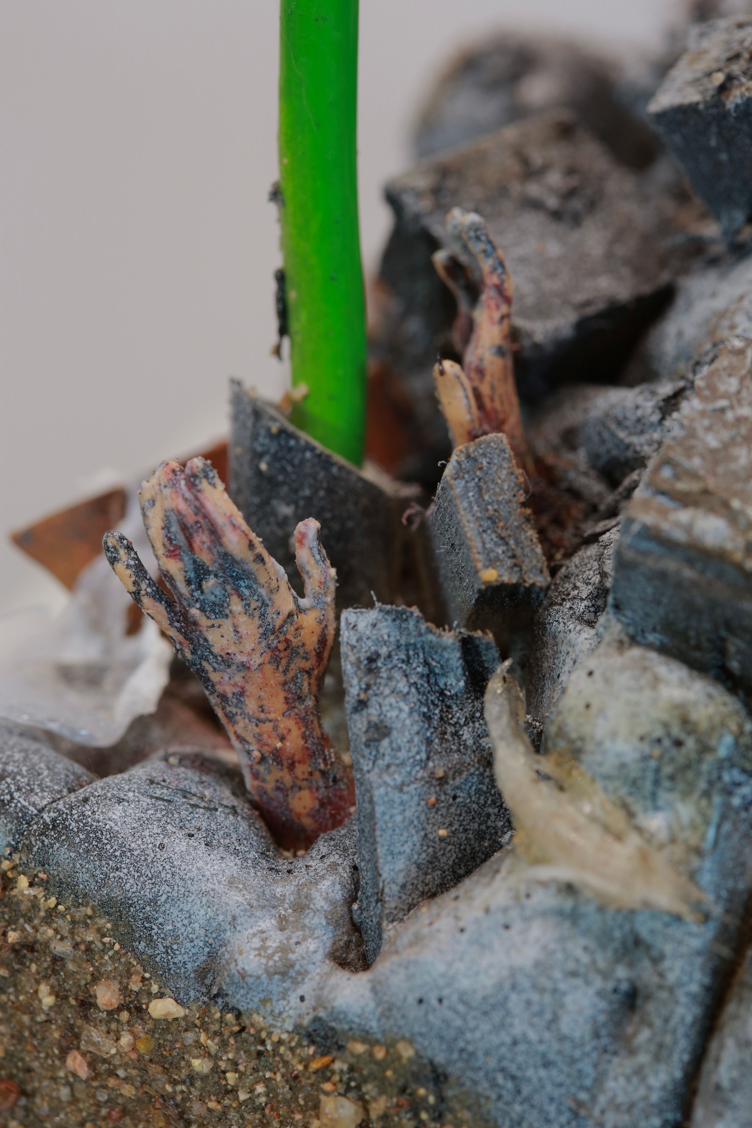 Sculpture made from Plastic, wood, foam, metal, wire, fabric, paint, paper, rubber, cardboard, CA glue, dirt, found objects with commentary on unsustainable economic, urban, and population growth on a finite planet, with a green stock market ticker rising above the wasteland symbolizing the piece's title, a popular stock market and cryptocurrency slogan