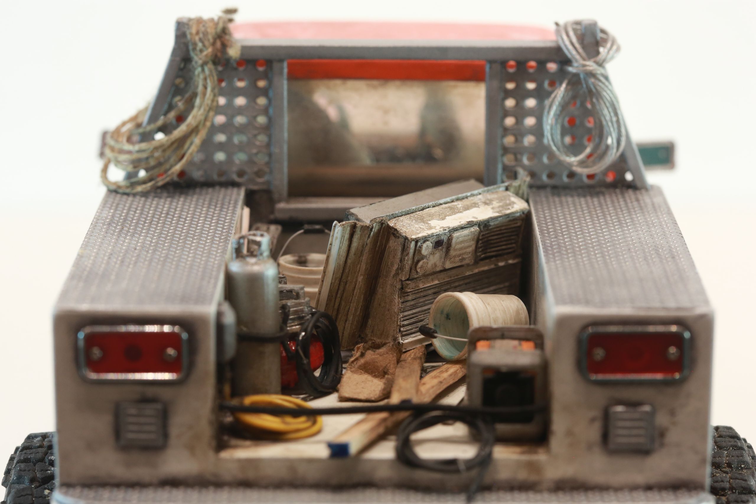 1/24 scale Chevy K5 cab only body with service truck bed filled with handmade tools, trash, old window mounted A/C unit made by austin texas artist nick baxter