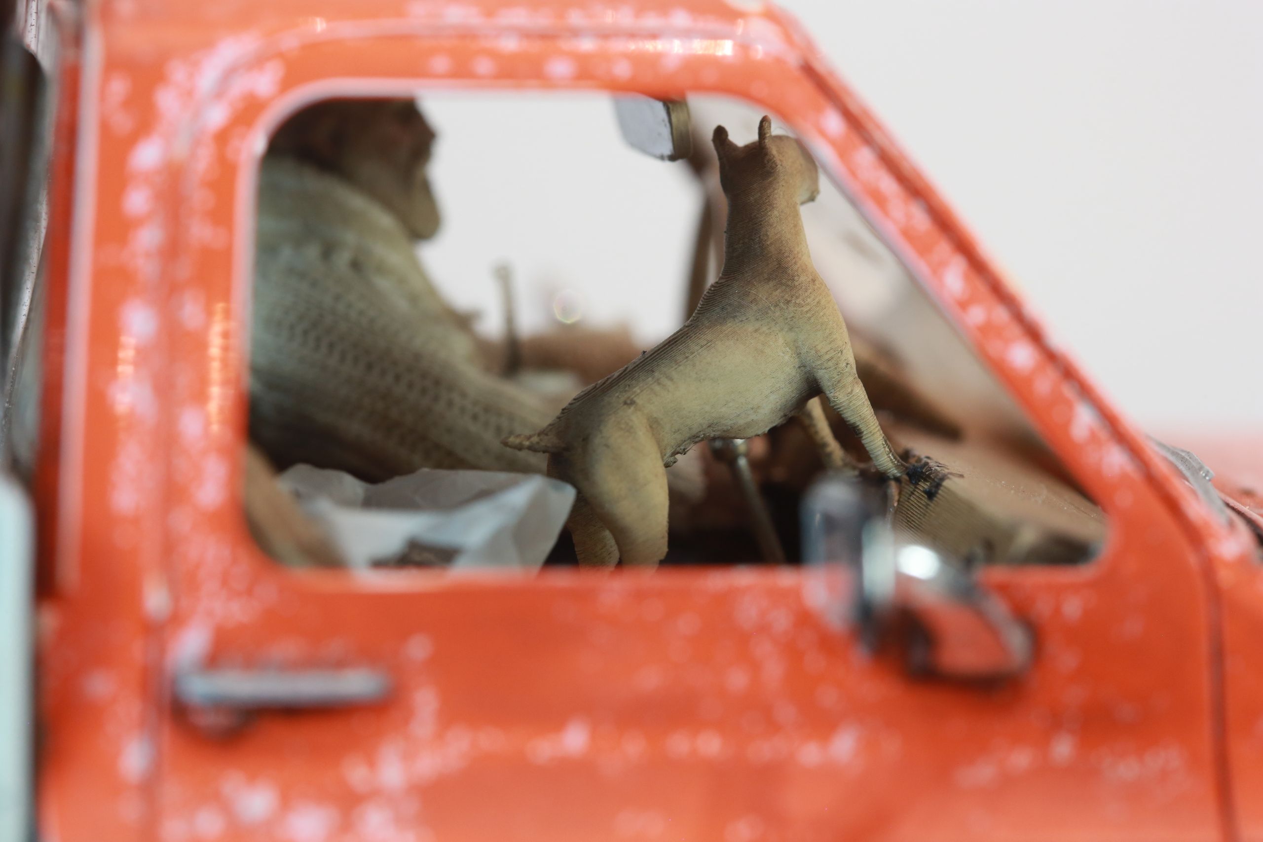 1/24 scale Chevy K5 cab only body with service truck bed filled with handmade tools, trash, old window mounted A/C unit made by austin texas artist nick baxter