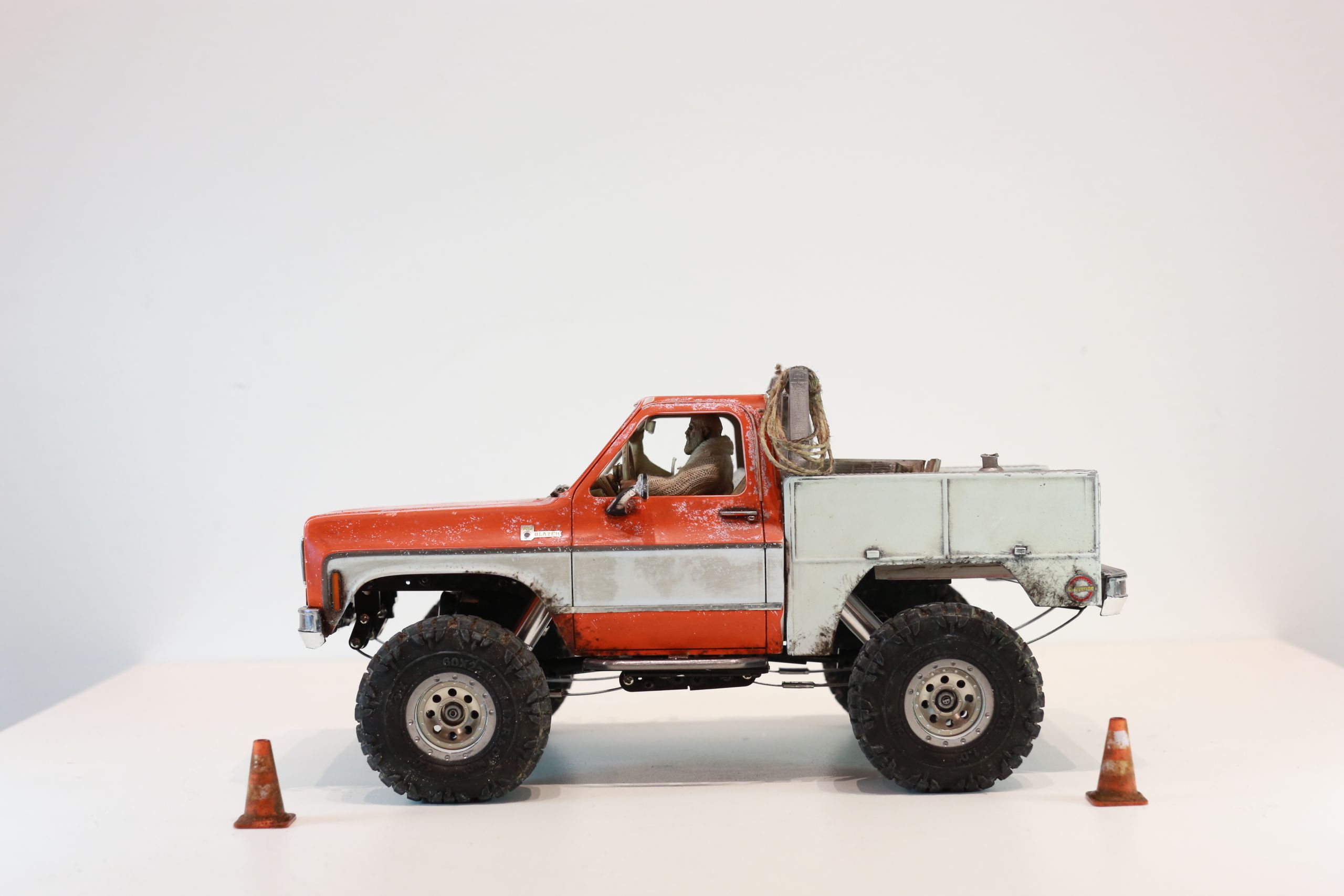 1/24 scale Chevy K5 cab only body with service truck bed filled with handmade tools, trash, old window mounted A/C unit made by austin texas artist nick baxter