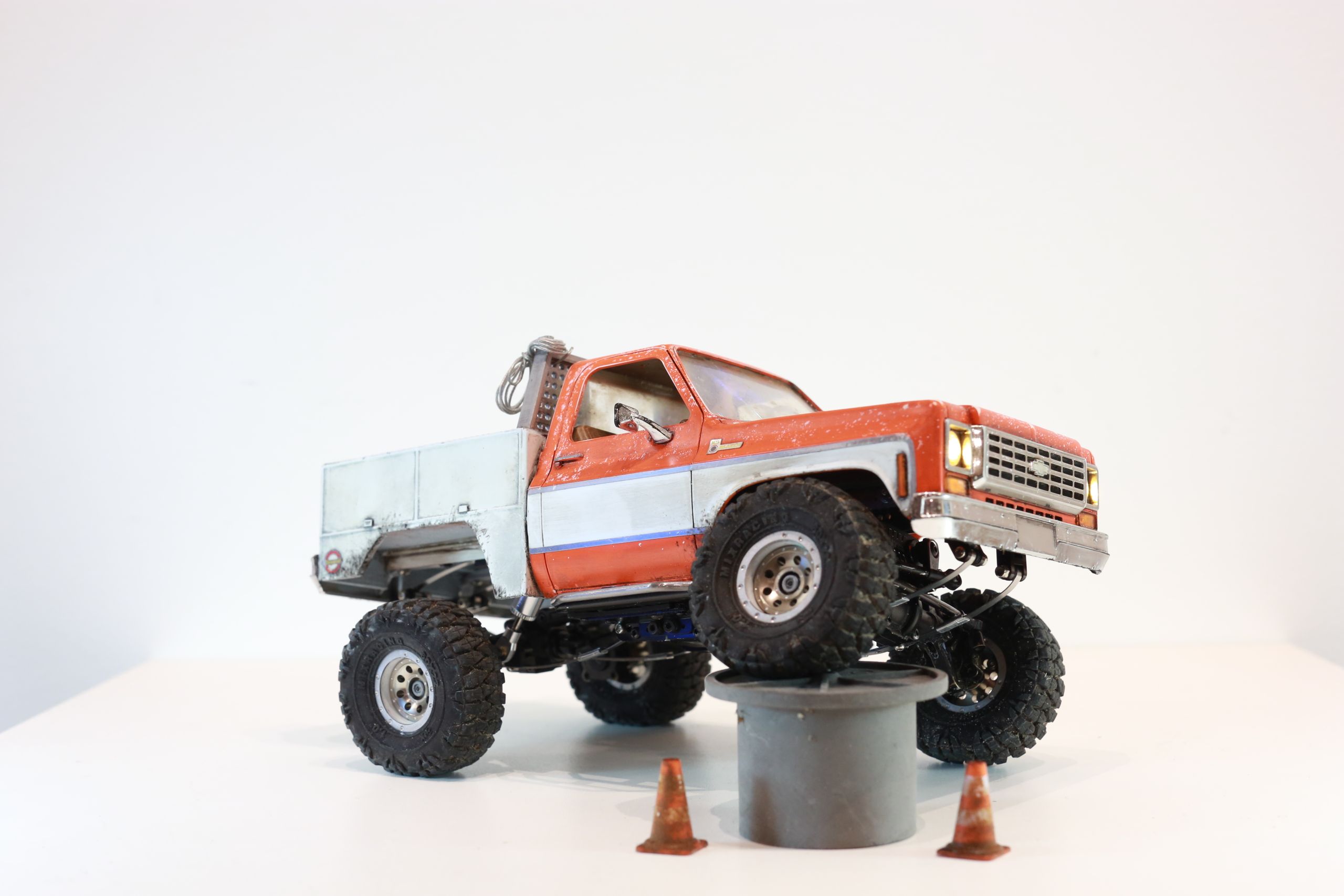 1/24 scale Chevy K5 cab only body with service truck bed filled with handmade tools, trash, old window mounted A/C unit made by austin texas artist nick baxter
