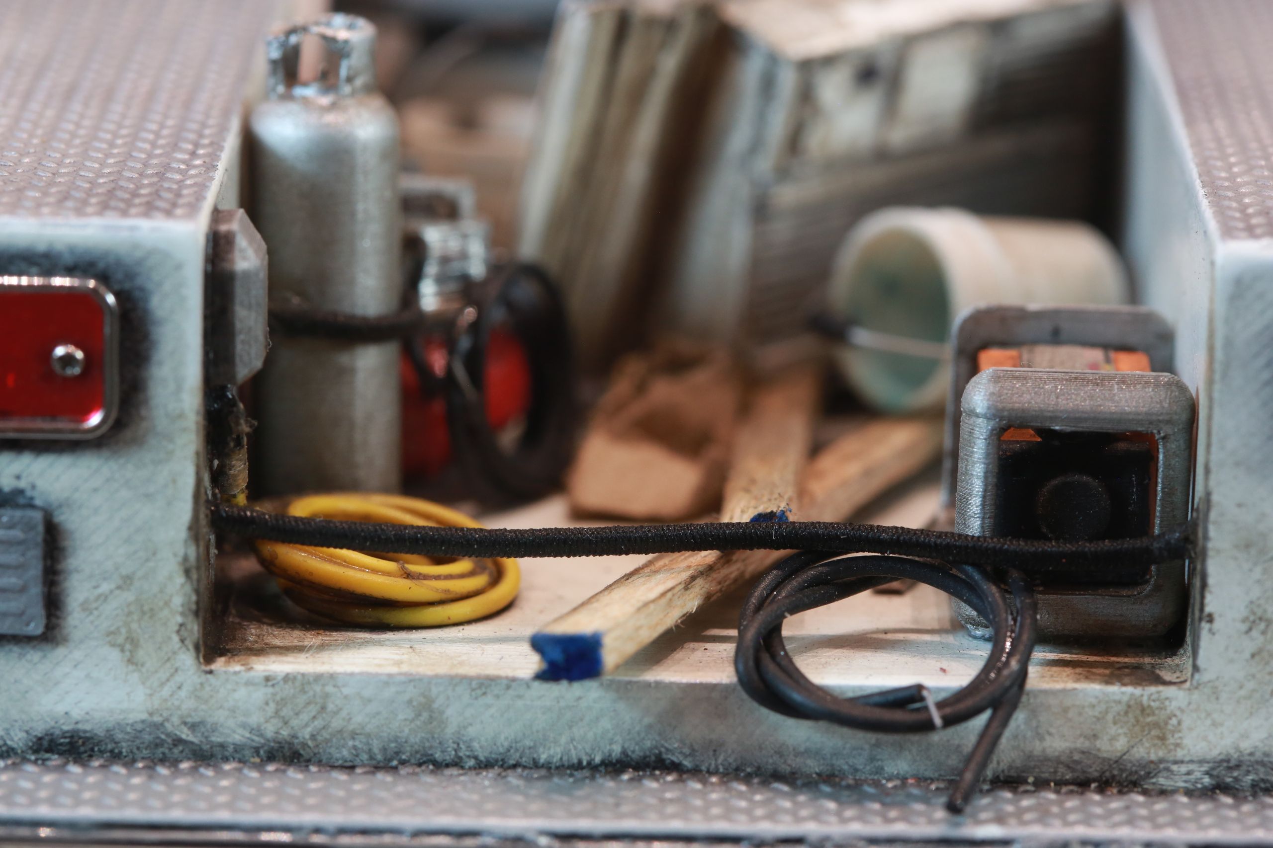 1/24 scale Chevy K5 cab only body with service truck bed filled with handmade tools, trash, old window mounted A/C unit made by austin texas artist nick baxter