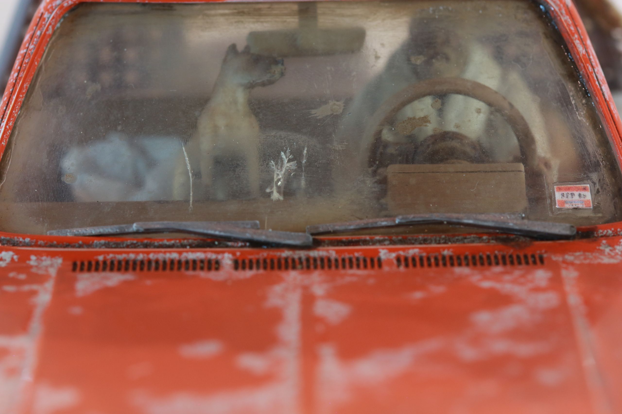 1/24 scale Chevy K5 cab only body with service truck bed filled with handmade tools, trash, old window mounted A/C unit made by austin texas artist nick baxter