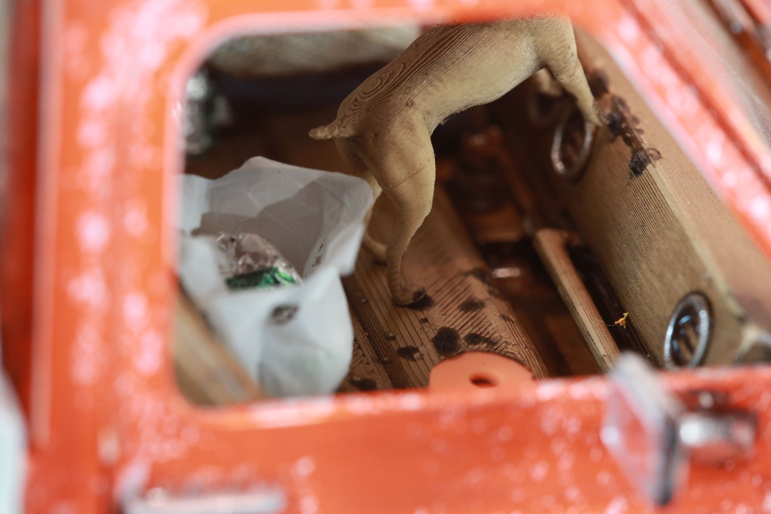 1/24 scale Chevy K5 cab only body with service truck bed filled with handmade tools, trash, old window mounted A/C unit made by austin texas artist nick baxter