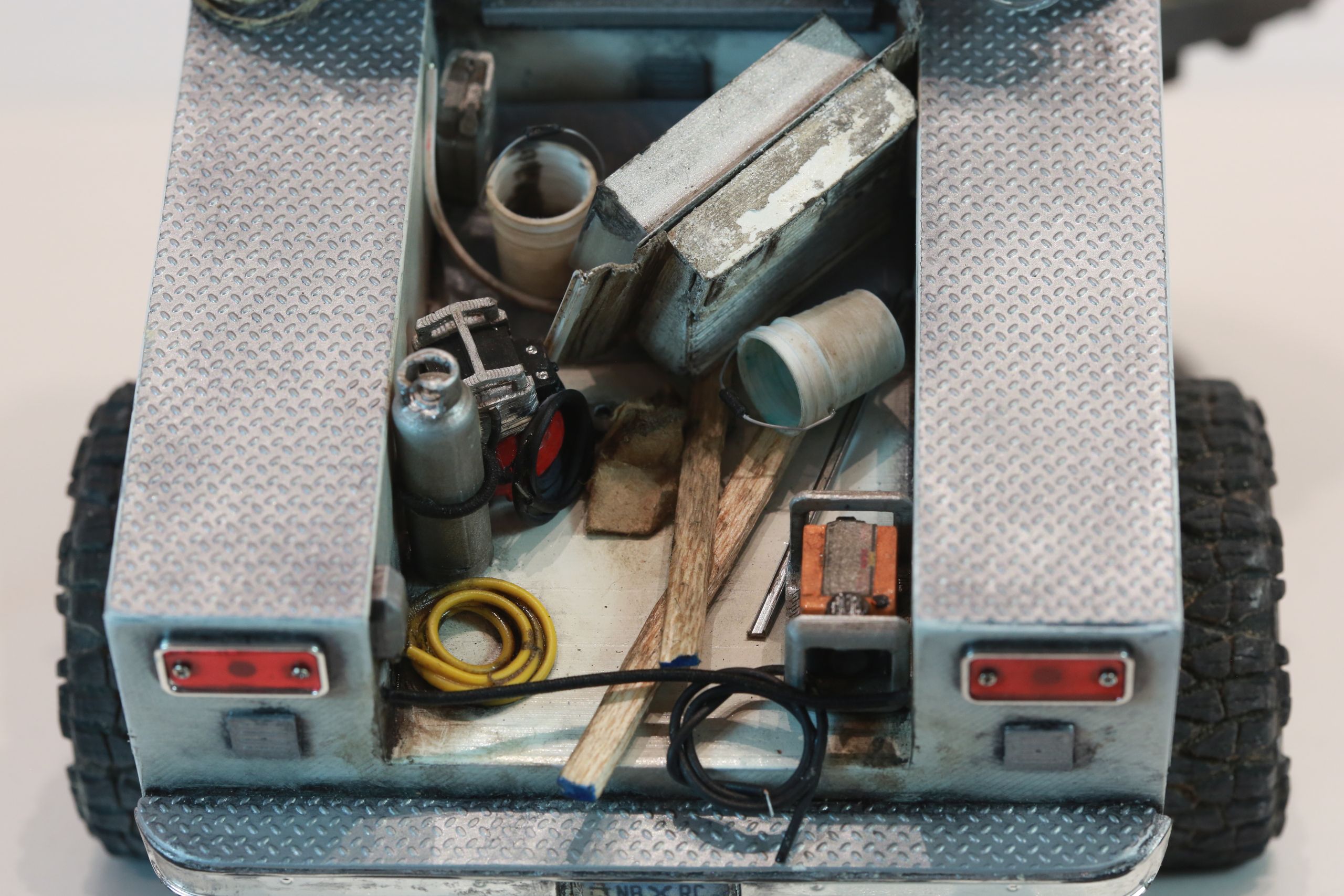 1/24 scale Chevy K5 cab only body with service truck bed filled with handmade tools, trash, old window mounted A/C unit made by austin texas artist nick baxter