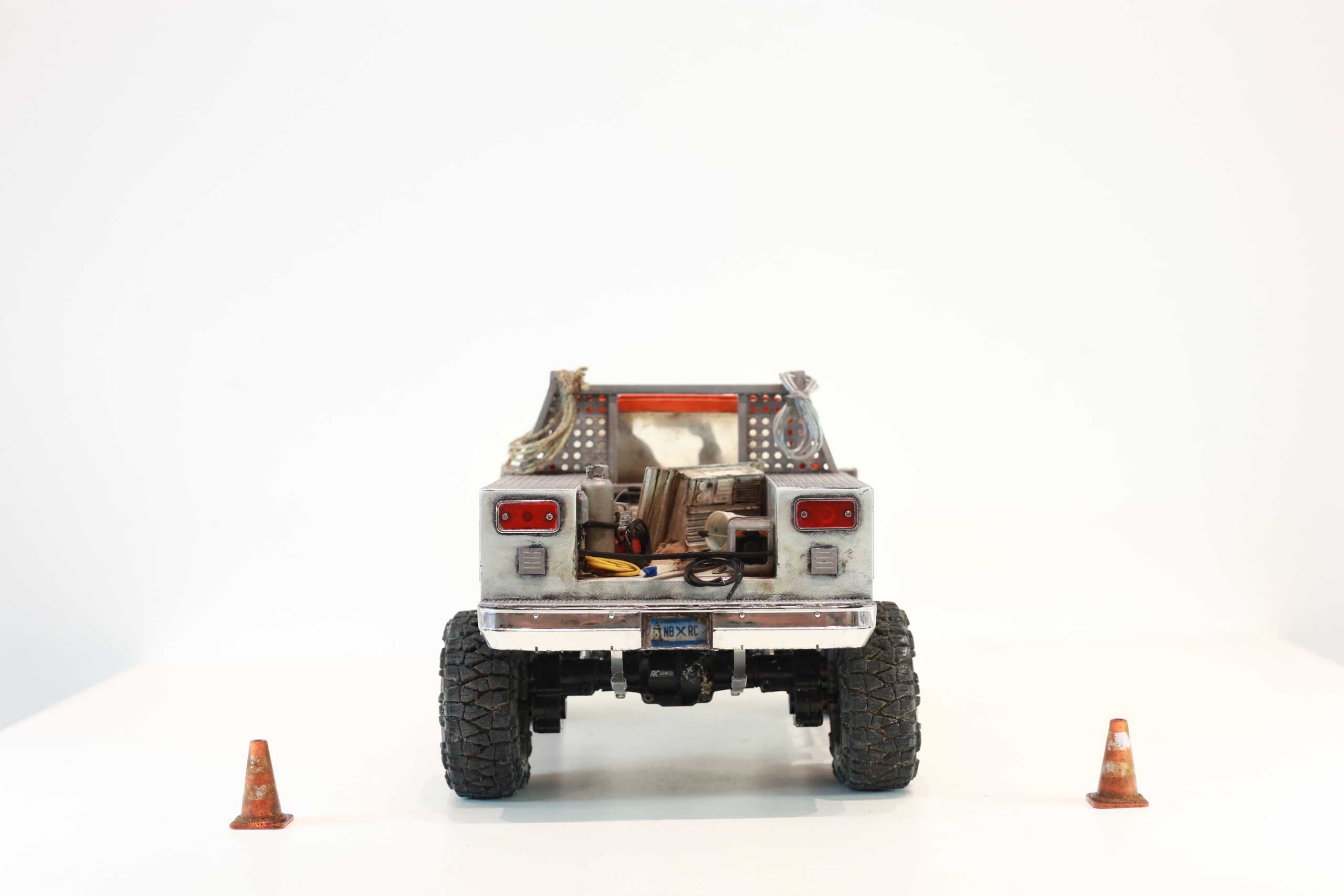 1/24 scale Chevy K5 cab only body with service truck bed filled with handmade tools, trash, old window mounted A/C unit made by austin texas artist nick baxter