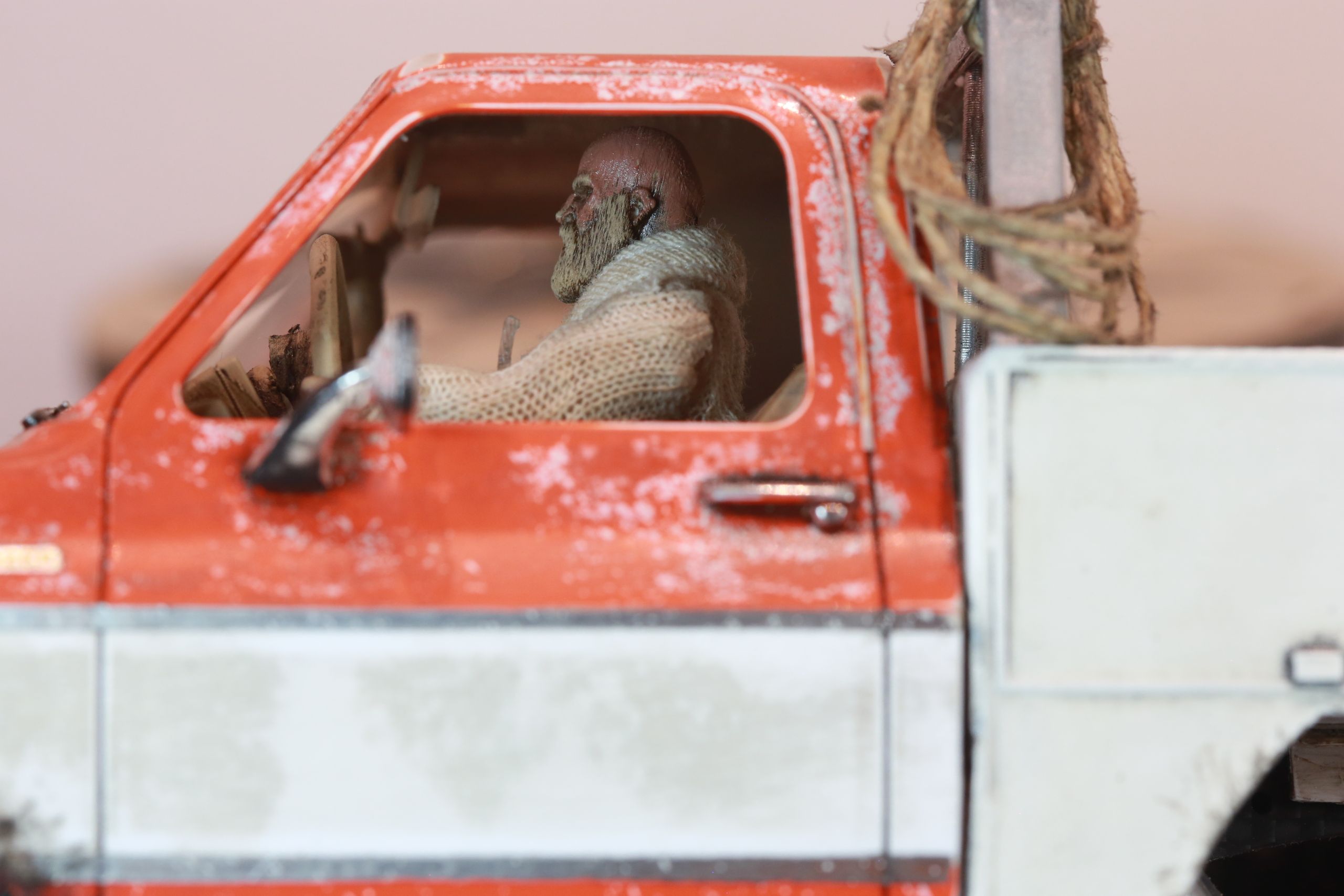 1/24 scale Chevy K5 cab only body with service truck bed filled with handmade tools, trash, old window mounted A/C unit made by austin texas artist nick baxter