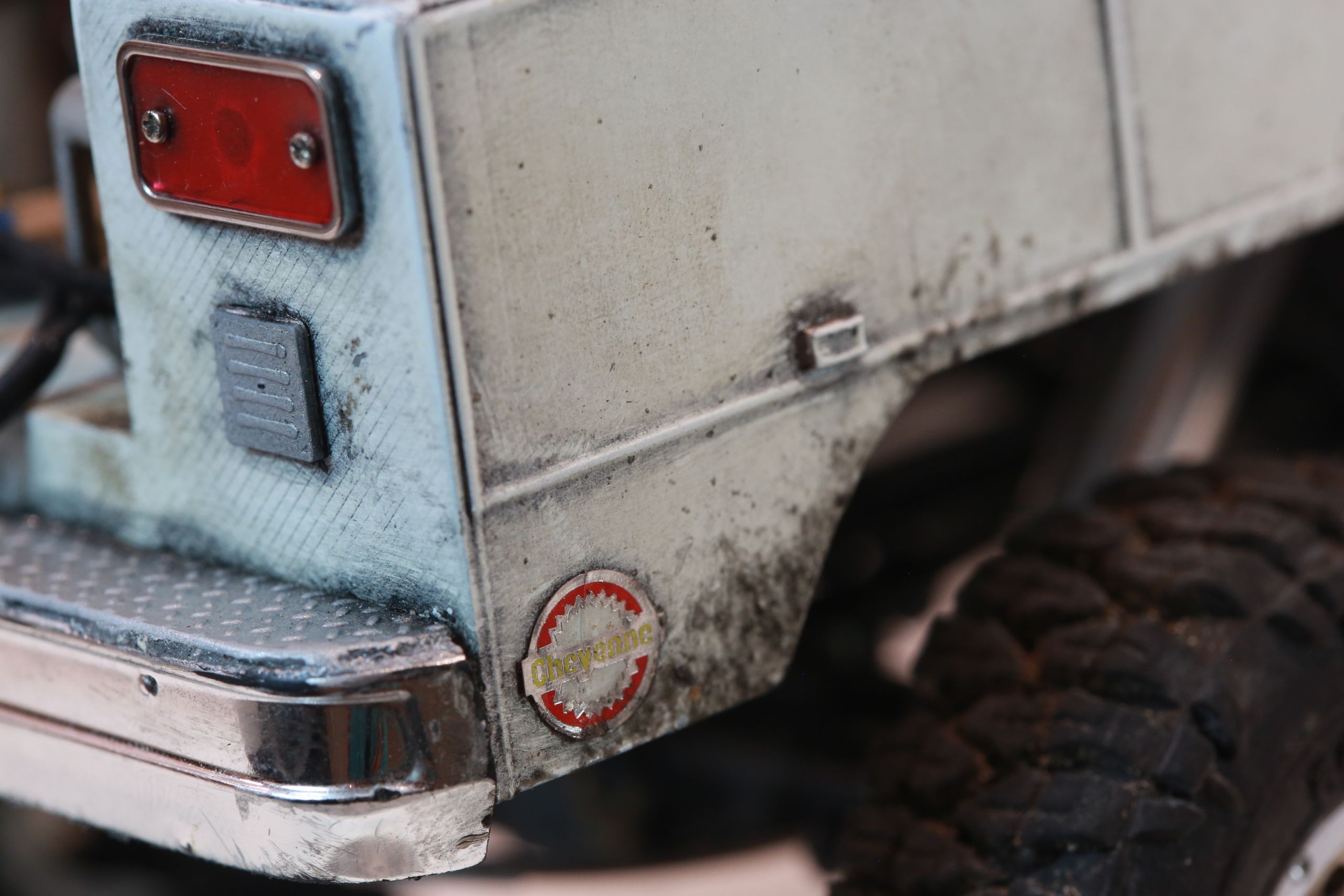 1/24 scale Chevy K5 cab only body with service truck bed filled with handmade tools, trash, old window mounted A/C unit made by austin texas artist nick baxter