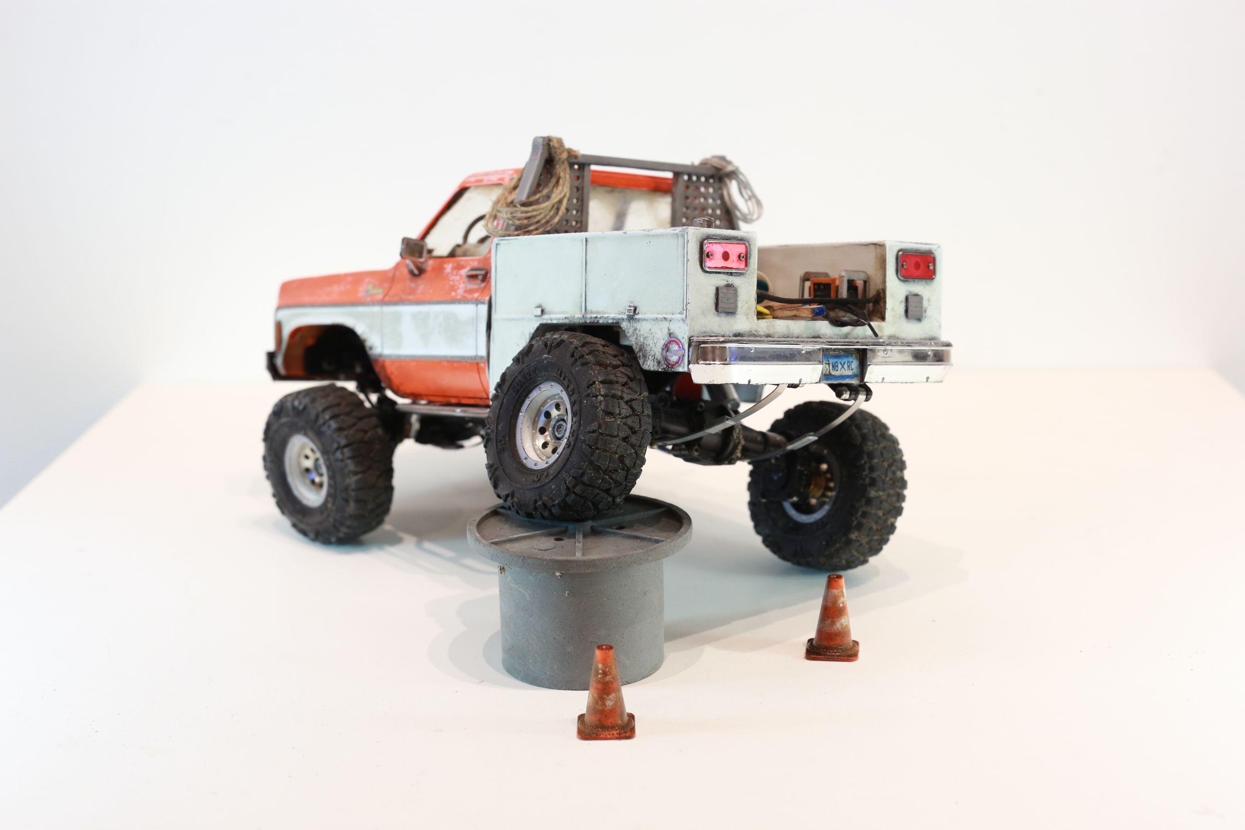 1/24 scale Chevy K5 cab only body with service truck bed filled with handmade tools, trash, old window mounted A/C unit made by austin texas artist nick baxter