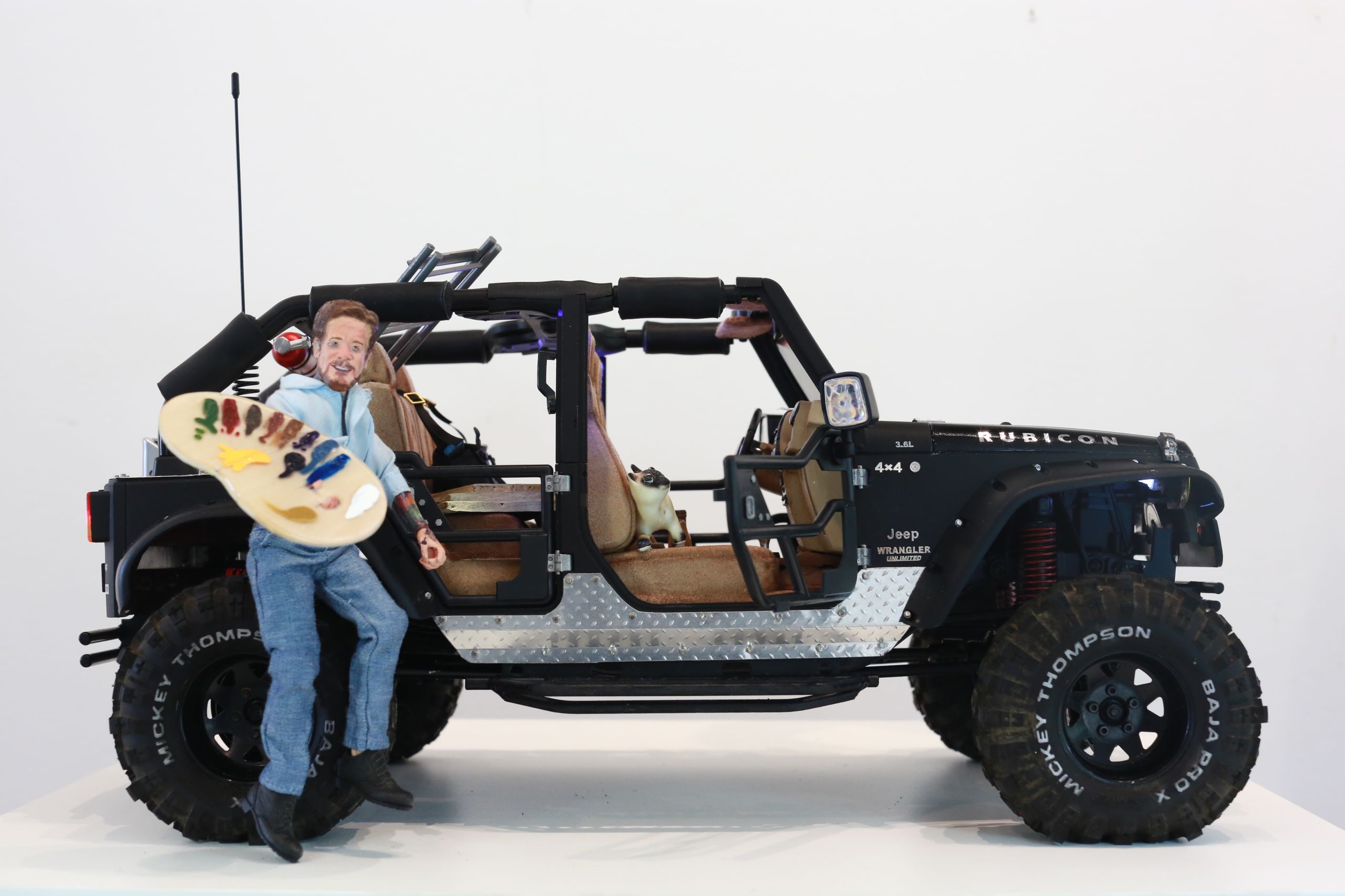 1/10 scale bob ross and plein air painting themed Jeep rubicon rc truck by austin texas artist and outdoor landscape painter nick baxter