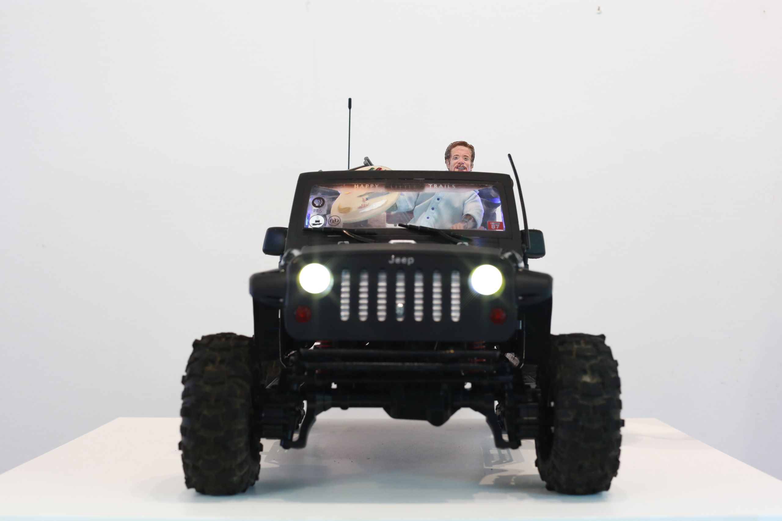 1/10 scale bob ross and plein air painting themed Jeep rubicon rc truck by austin texas artist and outdoor landscape painter nick baxter