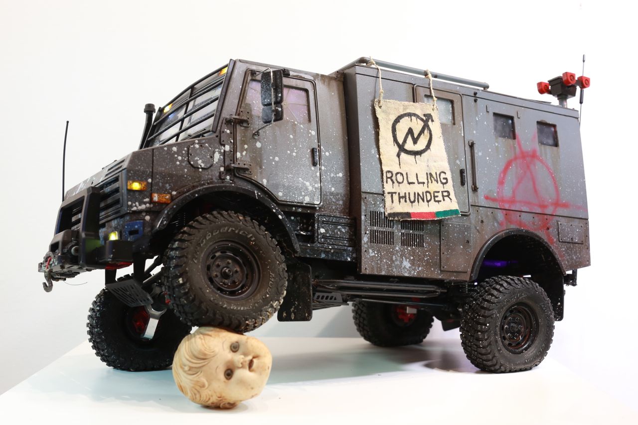 1/10 scale mercedes unimog rc body styled as a reclaimed police vehicle by artist nick baxter in austin texas