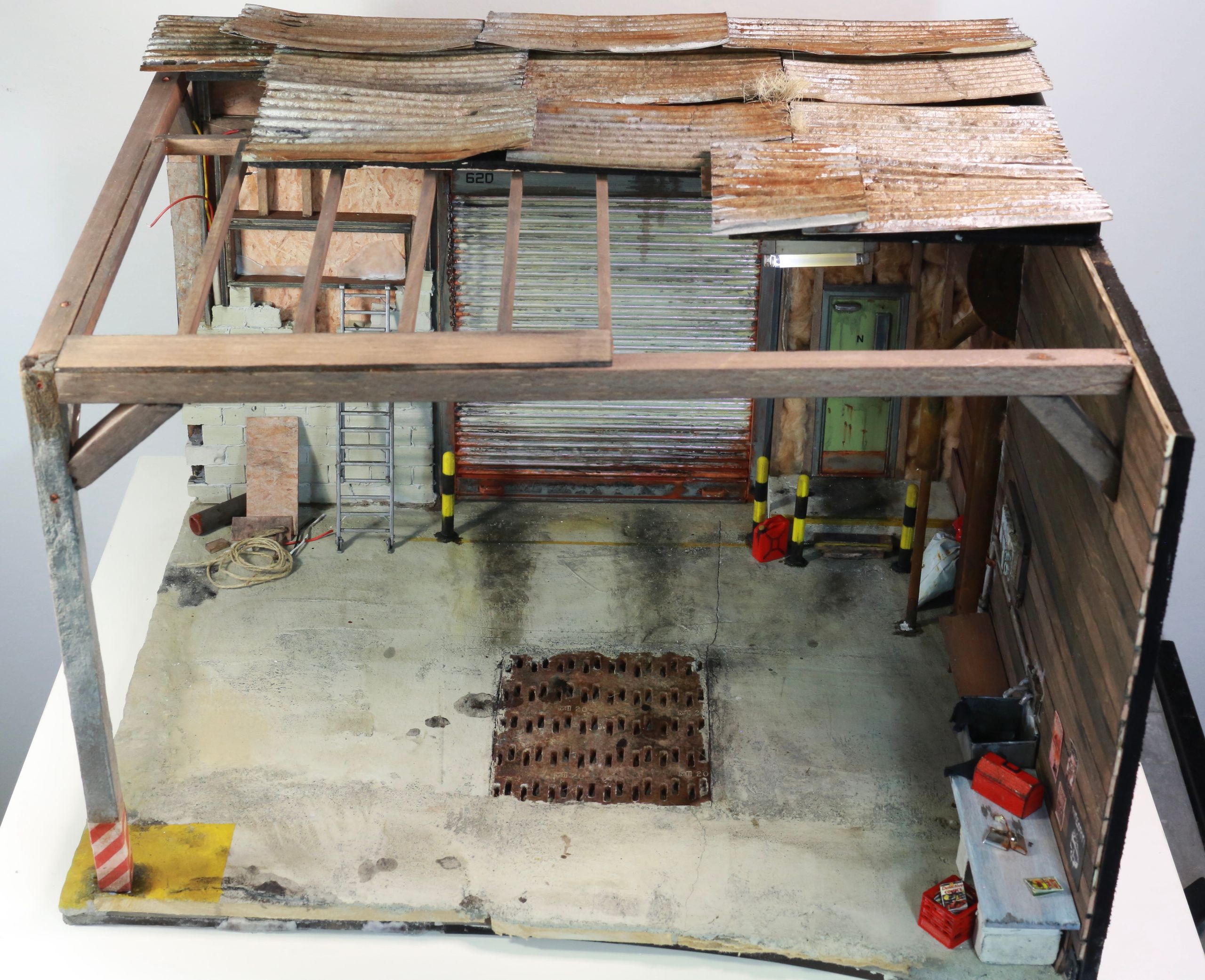 1/24-1/18 scale post-apocalyptic wasteland auto mechanic garage miniature diorama constructed from mixed media and found objects