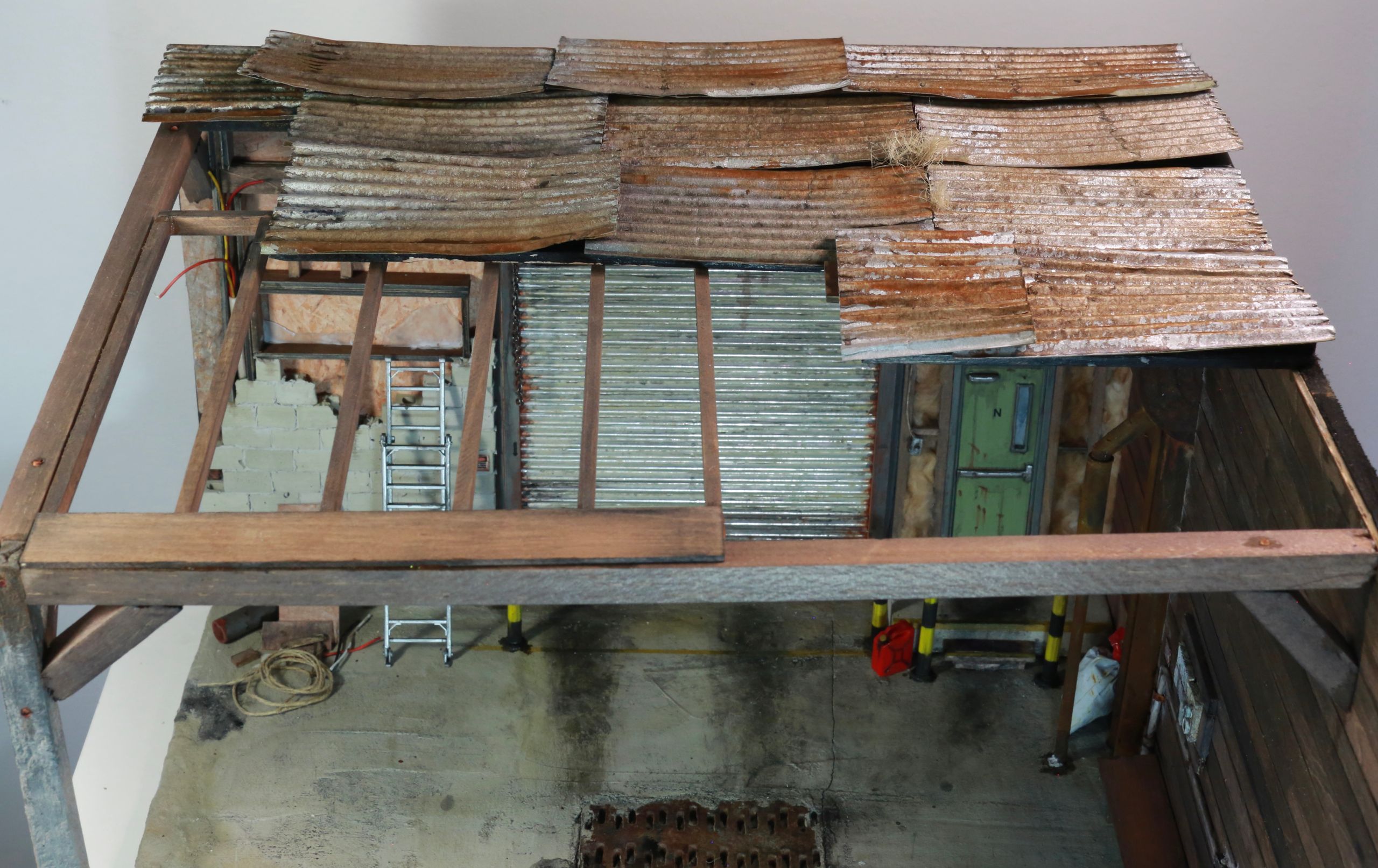 1/24-1/18 scale post-apocalyptic wasteland auto mechanic garage miniature diorama constructed from mixed media and found objects