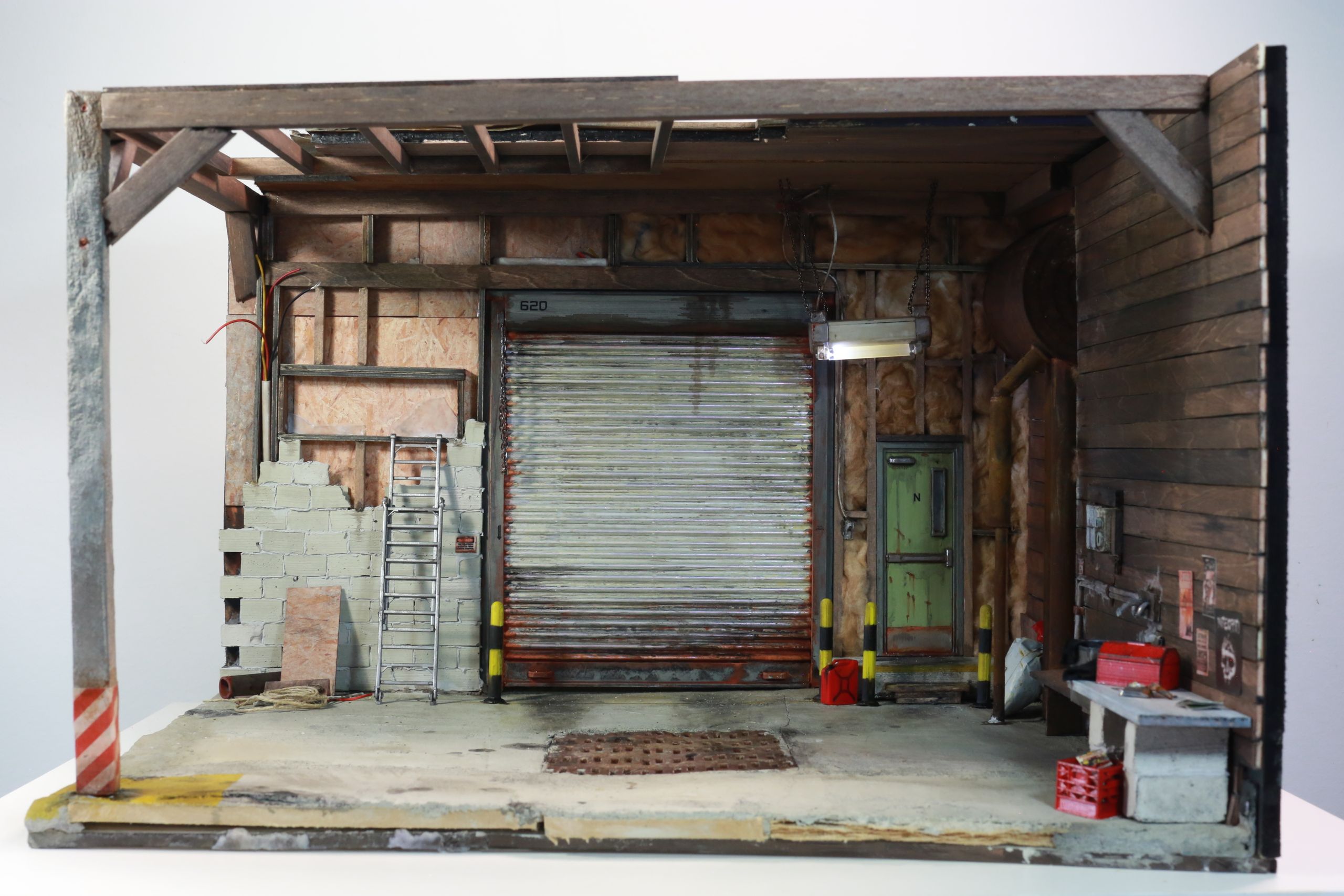 1/24-1/18 scale post-apocalyptic wasteland auto mechanic garage miniature diorama constructed from mixed media and found objects