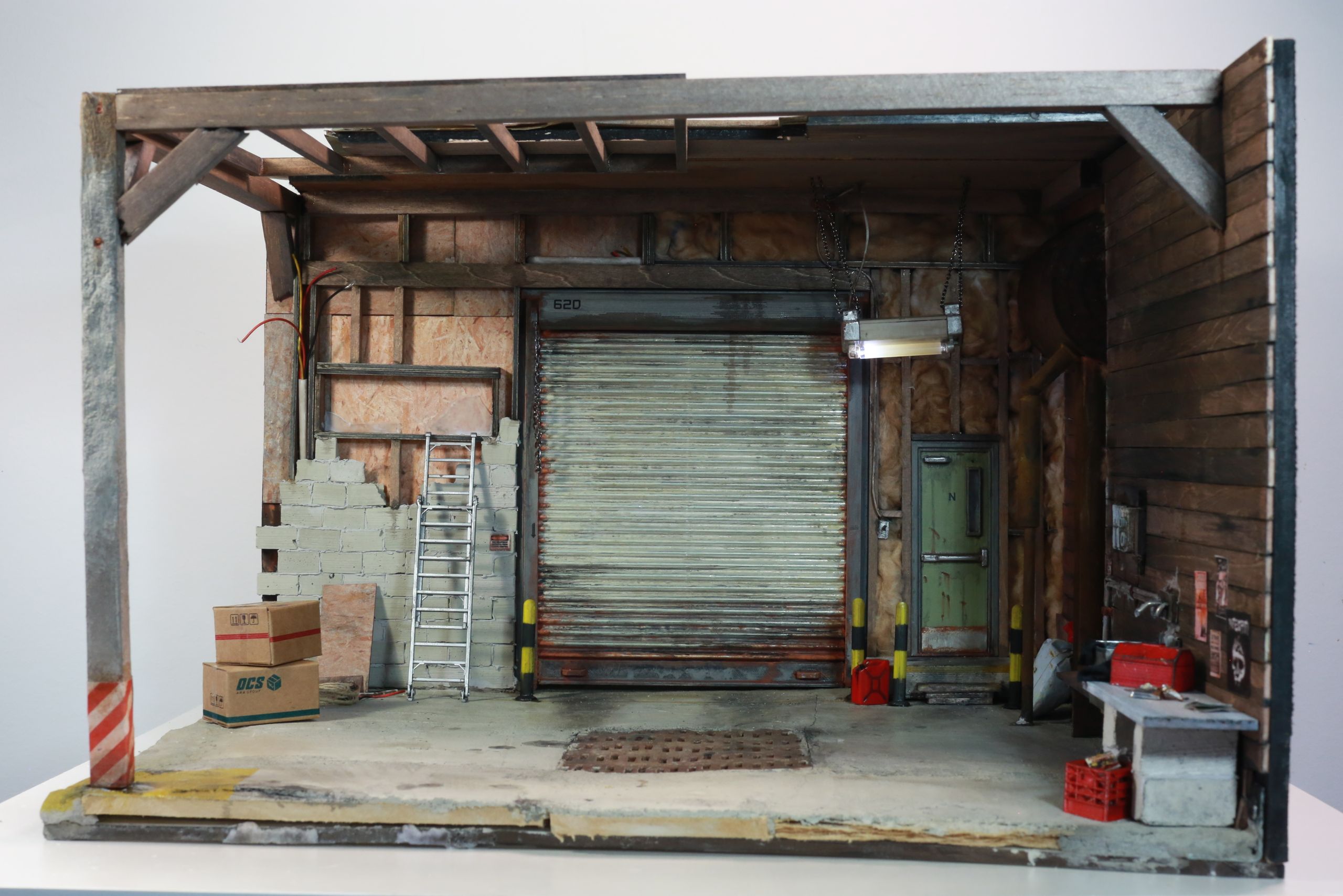 1/24-1/18 scale post-apocalyptic wasteland auto mechanic garage miniature diorama constructed from mixed media and found objects