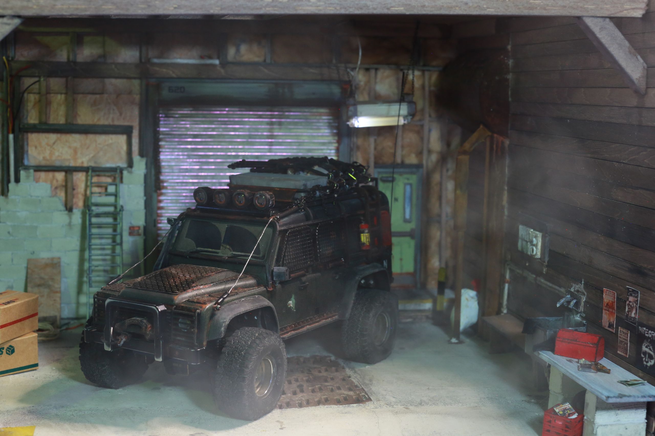 1/24-1/18 scale post-apocalyptic wasteland auto mechanic garage miniature diorama constructed from mixed media and found objects