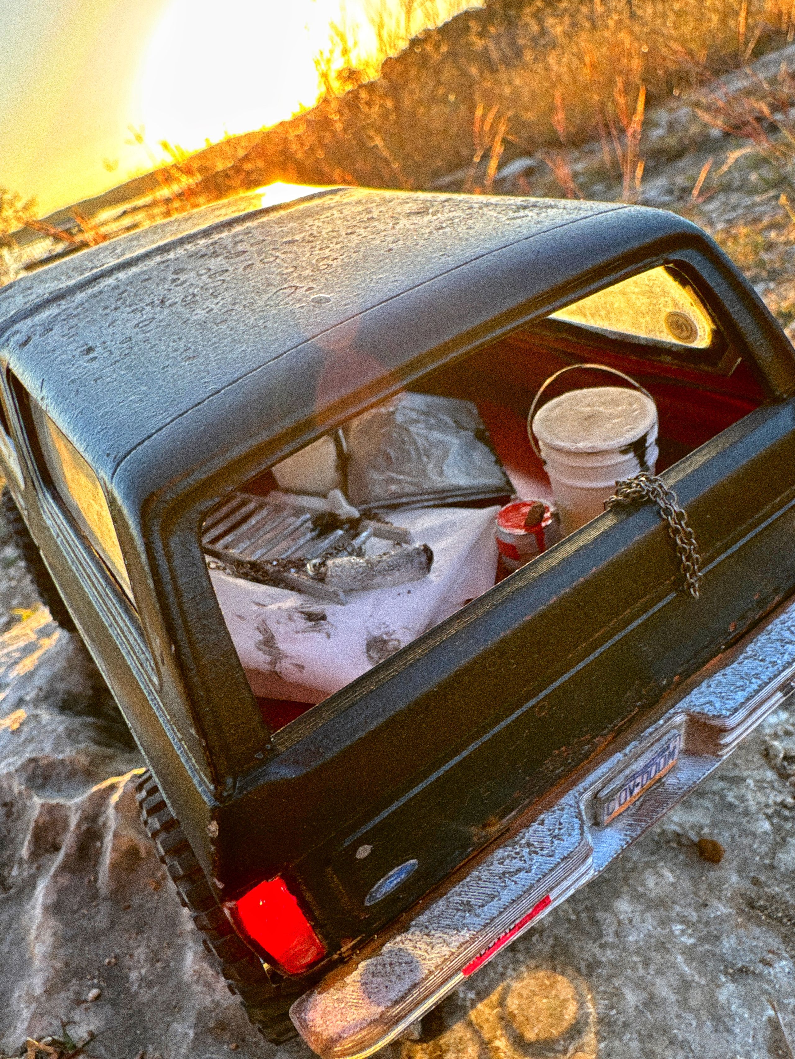 1970s Ford Bronco RC build with female driver and mural painting supplies in the back and her beloved cat by artist nick baxter in austin texas.