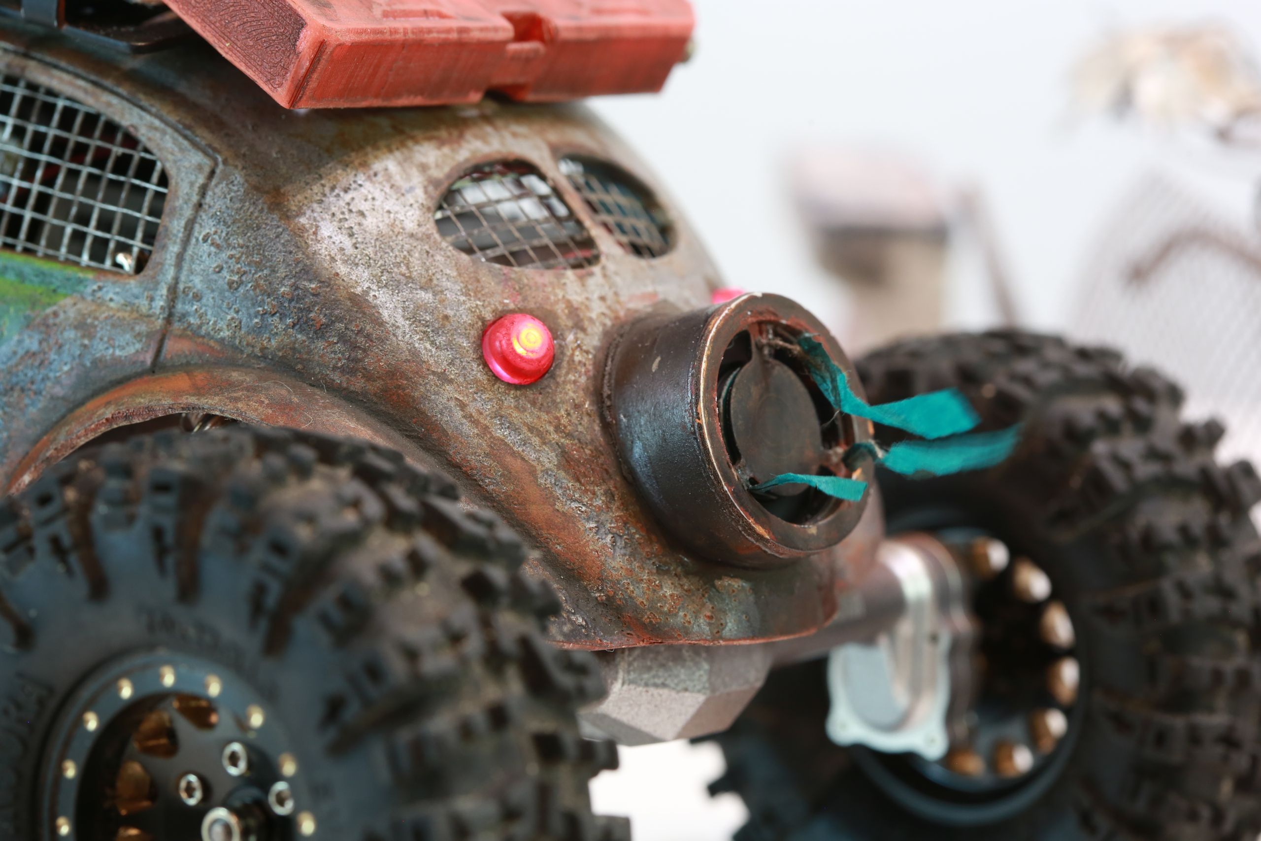 1/18 scale post-apocalyptic old desert Volkswagen Beetle fast transport vehicle by artist nick baxter in austin texas featuring working blower fan with tissue paper streamers