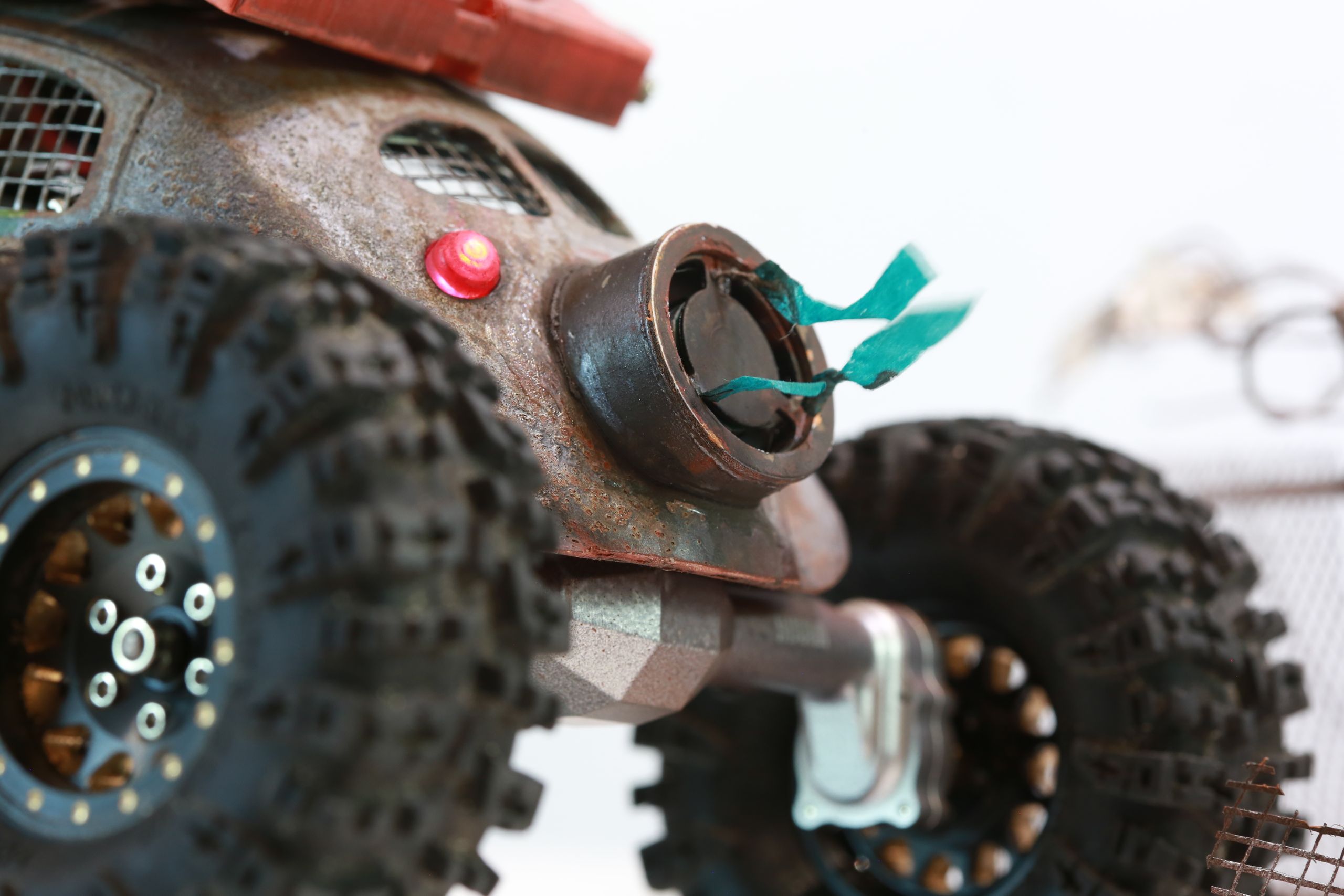 1/18 scale post-apocalyptic old desert Volkswagen Beetle fast transport vehicle by artist nick baxter in austin texas featuring working blower fan with tissue paper streamers
