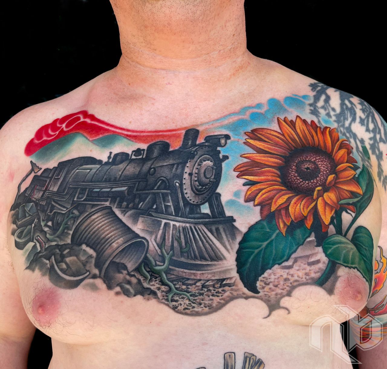 color illustrative chest tattoo locomotive Allen Ginsberg Sunflower Sutra tribute